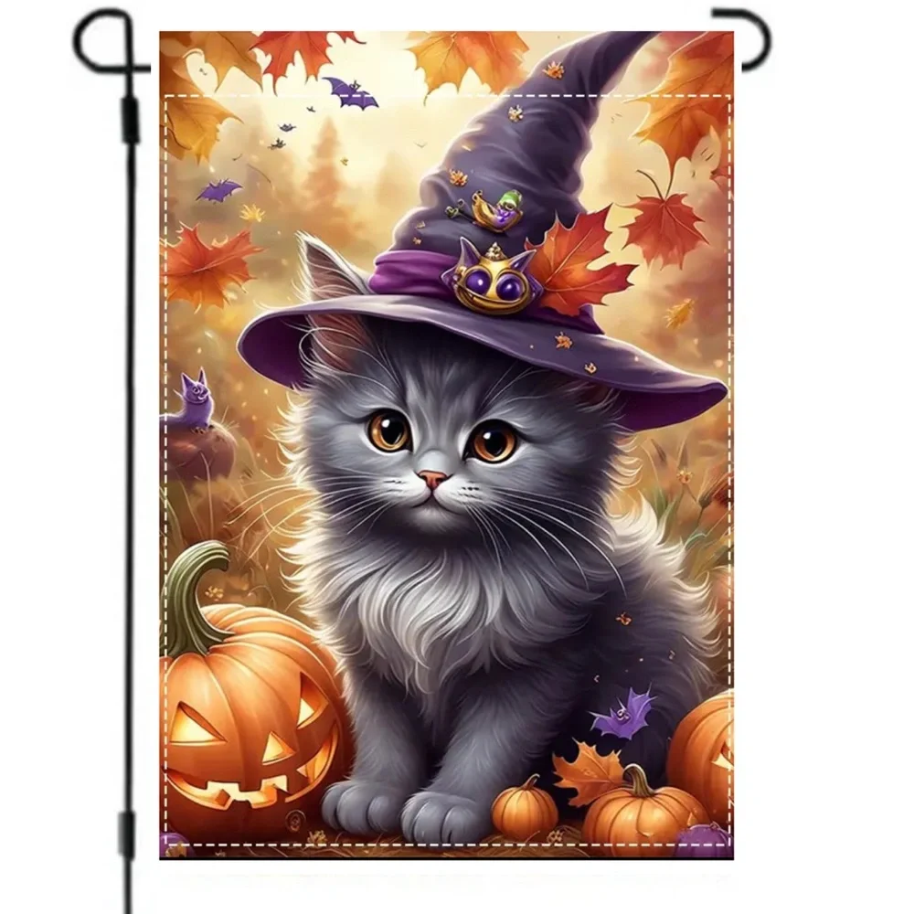 Garden Flag, 12”x18”, Halloween Witch Cat, Burlap Polyester Doublesided